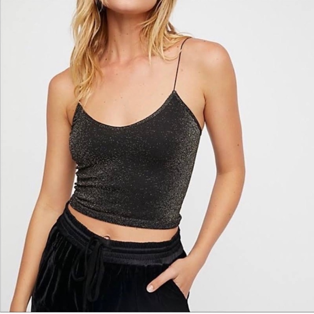 Free People Intimately Free Black and Gold Sparkly Cropped Tank-Size XS/S